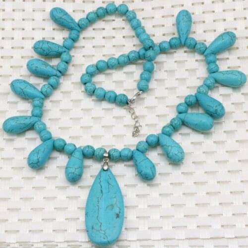 Vintage style 8mm round beads calaite waterdrop turquoises 23*53mm pendant necklace chain for women elegant jewelry 18inch B3191