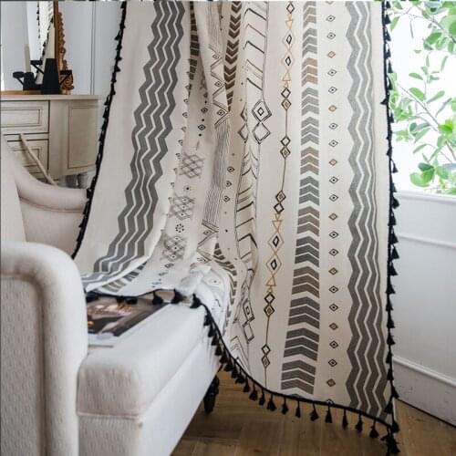 Curtain Finished Cotton Linen Printing American Black Tassel Bohemian Kitchen Curtain Country Style