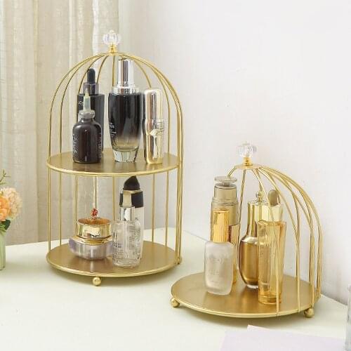 Iron Bird Cage Desktop Shelf Cosmetic Storage Rack Birdcage Racks Gold Skin Care Lipstick Finishing 2 Layer Table Decoration