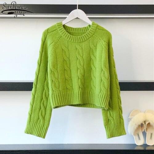 Autumn 2021 New Korean Style Twist Short Sweater Solid Color Womens Pullover Long Sleeve Womens Kintted Jumper 11957