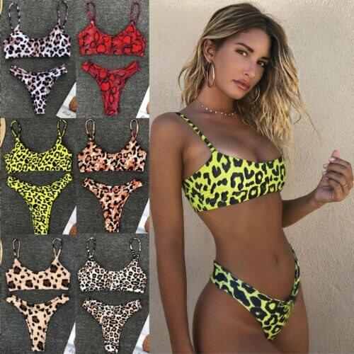 Women Push Up Padded Bra Swimming 2PCS Set Ladies Summer Sexy Leopard Printed Bikini Swimsuit Triangle Swimwear Bathing Suit