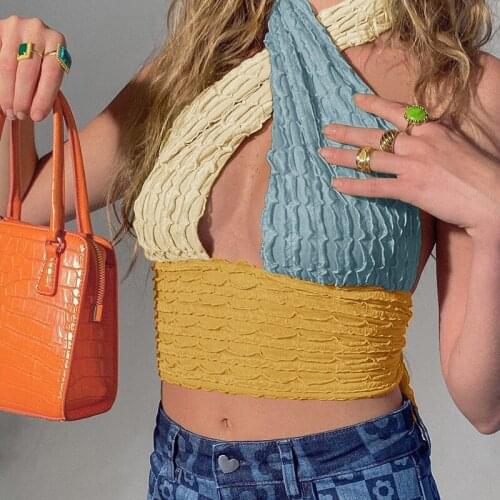 Y2K Halter Knitted Crop Top Women 2021 Summer Patchwork Hollow Out Sleeveless Tank Backless Sexy Off Shoulder Party Tank Tops