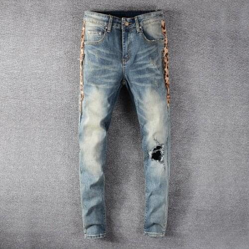2021 New Mens leopard print patchwork holes ripped jeans Streetwear slim skinny stretch denim pants Leisure simplicity