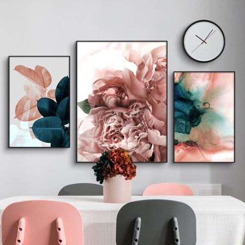 Pink Abstract Flower Canvas Painting Green Plant Leaf Wall Art Nordic Floral Picture for Living Room Home Decoration Modern