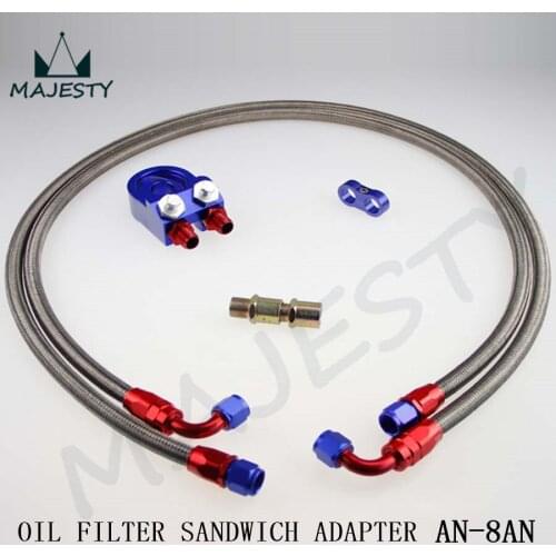 AN-8 OIL COOLER FILTER SANDWICH ADAPTER +1.4m/1.6m 8AN STAINLESS STEEL OIL LINE SILVER
