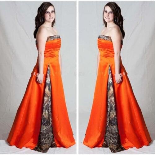 Strapless A-Line Satin Camo Prom Dresses Sweep Train Camouflage Orange Satin Lace Up Back Bridesmaid Party Gowns Custom 2019