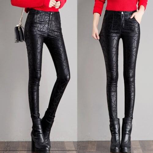 Winter Fall Fashion Lady Womens High Waisted Stretch Black Pu Leather Printed Skinny Pants , Women Fleece Warm Pencil Trousers