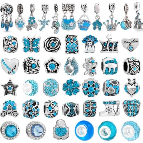 Buipoey Cyan Blue Theme Flowers Beads Parrot Dangle Charm Feather Pendant Fit DIY Charms Bracelets Jewelry Making Beaded
