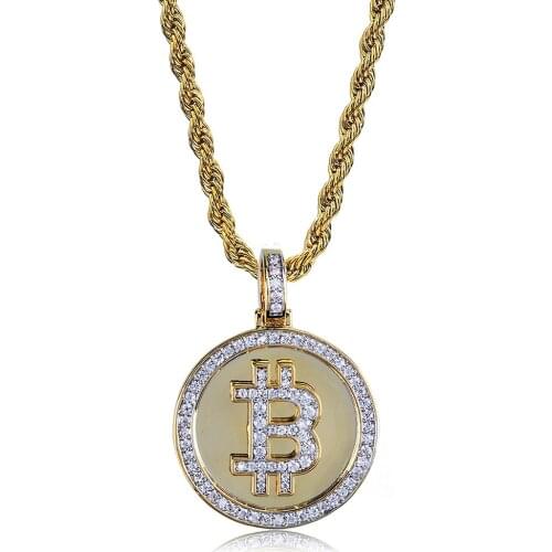 Hip Hop Iced Out Rhinestone Bitcoin Coin Pendant Necklace BTC Mining Gift For Men Women with Rope Chain