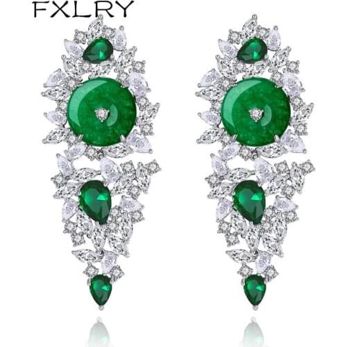 FXLRY New White color AAA Cubic Zirconia Drop Earrings Green Chalcedony Long Earrings for Women Wedding Bridal Jewelry