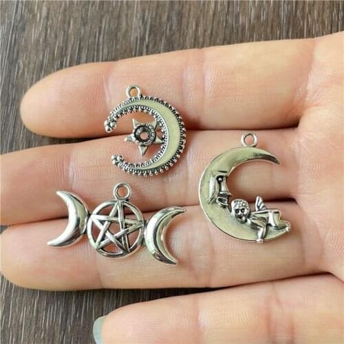 JunKang 20pcs new antique silver moon star pendant DIY handmade alloy jewelry logo connector wholesale metal accessories