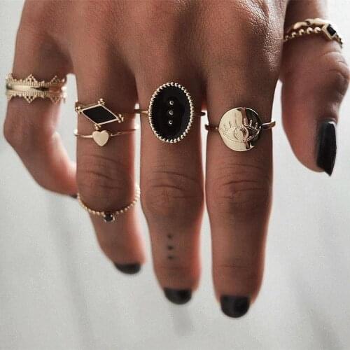 DIEZI 6pcs/set Bohemian Fashion Black Eyes Heart Charm Knuckle Joint Rings Set For Women Boho Vintage Gold Finger Rings Jewelry