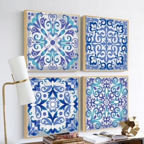 Colorful Ethnic Patterned Poster Blue Element Wall Art Canvas Painting Print Square Picture Living Room Interior Decoretion
