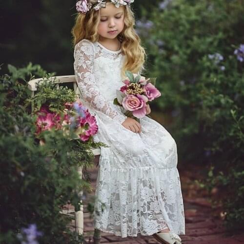 Girl Wedding Dress Girl Lace Long Dress Age 2-12 Baby Kids Princess Dresses Big Bow Long Sleeved Party Dresses kids' dresses