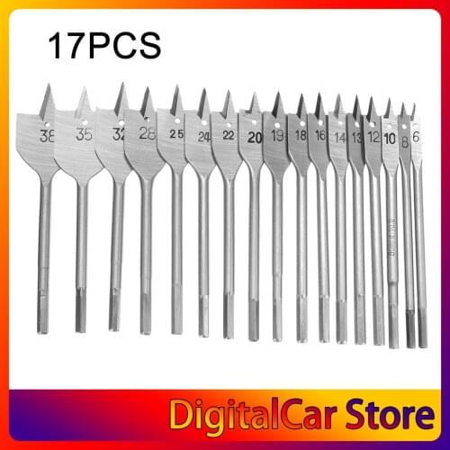 17Pcs Metric Sizes 6-38MM Woodworking Machine Hexagonal Handle Flat Wood Drill Bits Set Bit Wallated Wood Open Hole