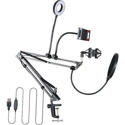 NB-35S Microphone Stand Kit with LED Ring Light Scissor Arm Stands for Computer Laptop PC Karaoke Studio Recording