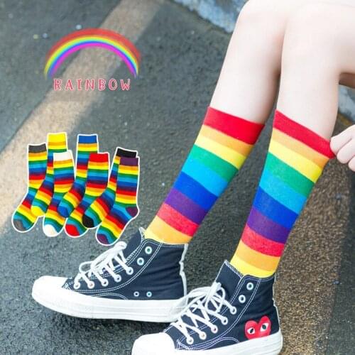 3 Pairs Women Middle Tube Socks Summer Of The Net Red Long Tube Rainbow Socks Japanese Candy Striped High TubeTide Cotton Socks