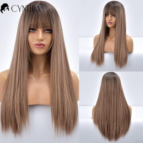 Black To Gold Ombre Long Straight Synthetic Wig For White Women With Bangs Daily Natural Heat Resistant Hair Cosplay Fiber Wigs