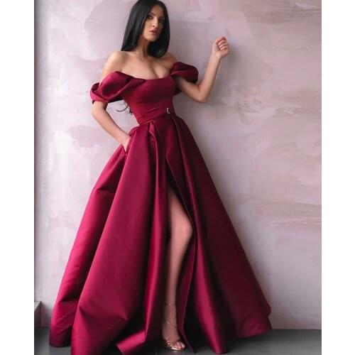 Special Unique Burgundy Evening Dress 2020 Puffy Sleeves Formal Dress Empire Sexy Slit Long Evening Gown Burgundy