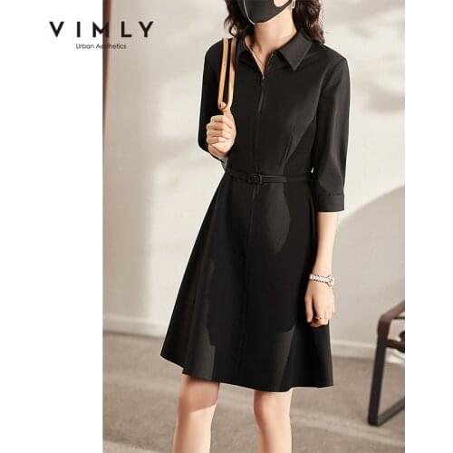 VIMLY Autumn 2021 New Womens Black Dress Half Sleeve Shirtdress Office Lady Slim High Waist A-line Dresses Female Vestido F8760