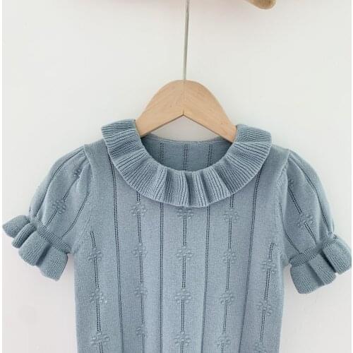 New Girls Knitted Tops 2021 Short Sleeve Sweater Kids Knit Pullover Ruffle Girls Clothes BB78