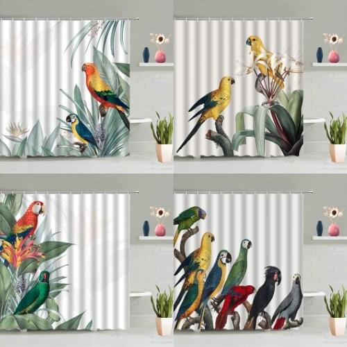 Parrot Animals Shower Curtain Set Tropical Plants Green Leaves Flowers Color Bird Bathtub Decor Screen Washable Hanging Curtains