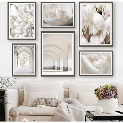 Building Corridor White Flower Islamic Wall Art Canvas Painting Nordic Posters And Prints Wall Pictures For Living Room Decor