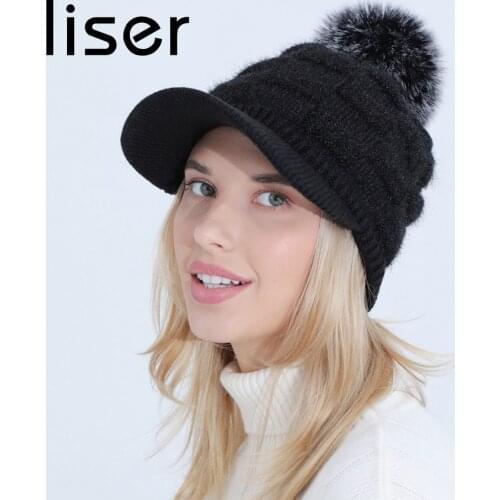 LISER Female Peaked Cap Winter Hats for Women Acrylic Hairball Internal Plush Keep Warm Pure Color Soft with Visor