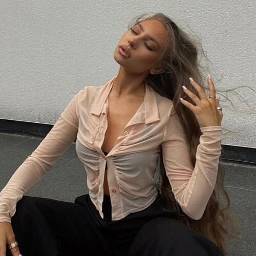 Women Perspective Mesh Spliced Sexy Gauze Female Shirt Autumn Long Sleeve O-neck Slim Sheath Sexy Club Cardigan Ladies Shirts