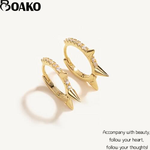 BOAKO 2021 Trend 925 Sterling Silver Spike Hoop Earrings for Women Punk Zircon Crystal Small Loop Earring Fashion Jewelry Gifts