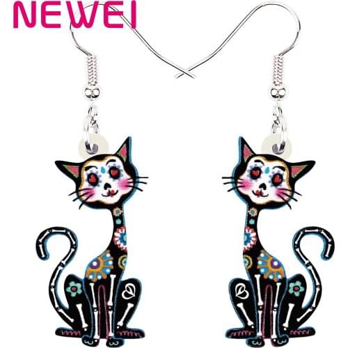 NEWEI Acrylic Halloween Sweet Flowers Skull Skeleton Sitting Cat Earrings Fashion Unique Jewelry For Women Girl Charm Gift Child