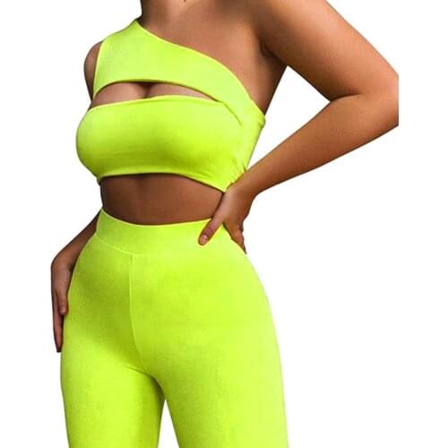 Women Yoga Outfits Sleeveless One Shoulder Cut Out Crop Top+ Biker Shorts 2Pcs Sets Casual Tracksuits Workout Out Sportwear