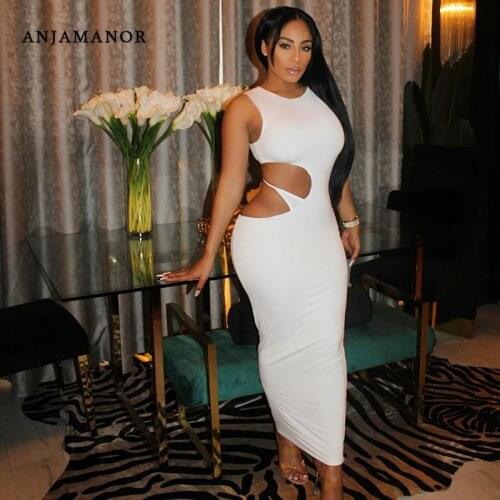 ANJAMANOR Sexy White Sleeveless Maxi Dresses for Women Summer 2021 Club Outfits Side Cut Out Asymmetric Bodycon Dress D85-BD20
