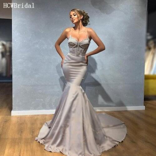 Sliver Long Mermaid Formal Prom Dresses Sweetheart Spaghetti Straps Beading Satin Plus Size Formal Occasion Women Dress