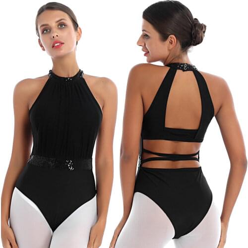 Women Adult Gymnastics Leotard Sequins Sleeveless Halter Bodysuit Stage Performance Figure Skating Ballet Costume Dance Wear