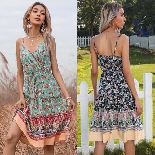 Summer Dresses For Women 2021 Sexy V Neck Floral Print Bohemian Beach Chiffon Camisole Dress Ruffle Slim Fashion Casual Dresses