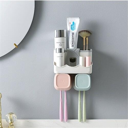15pcs/lot 2 Cups Toothbrush Holder Toothpaste Manual Dispenser Cups Phone Supporter Makeup Storage Box Rack Bathroom Organizer