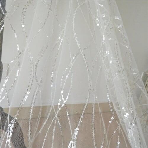 Glitter Sequins Lace Fabric With Wave Pattern In Off White For Bridal Veil, Baby Dress, Party Decor, Backdrop