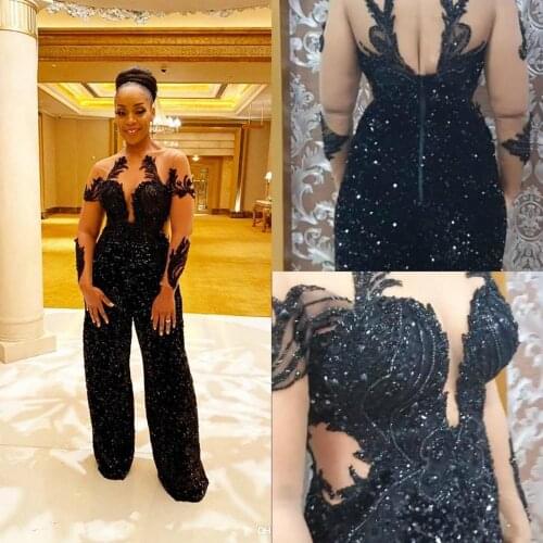 Black Women Prom Dress Jumpsuits Sheer Jewel Neck Lace Beads Pearls Crystal Pants Suit Evening Gowns Long Sleeve Robes De Soirée