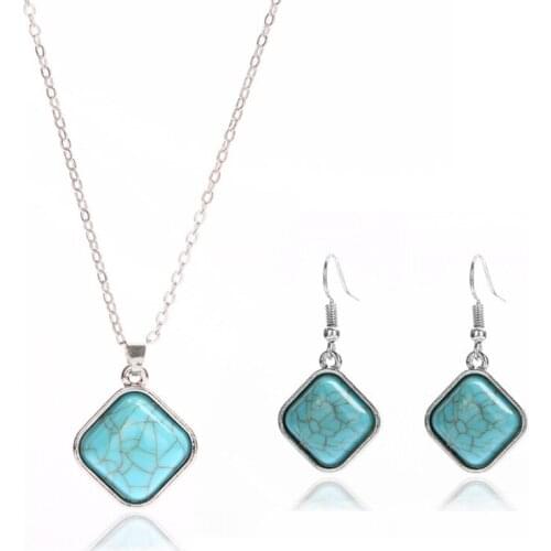 FYJS Unique Silver Plated Rhombus Shape Green Turquoises Stone Pendant Necklace Earrings Link Chain Jewelry Sets