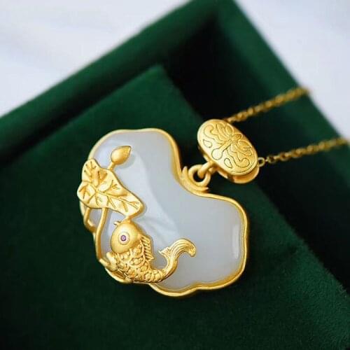Natural Hetian Jade Lotus Carp Pendant Longevity Lock Pendant S925 Sterling Silver Gilding Folium Nelumbinis Fish Pendant Orname