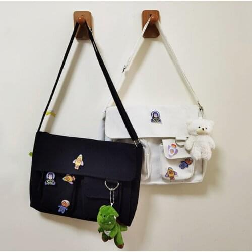 Womens Cartoon Canvas Bag Art Student Canvas Bag One Shoulder Messenger Bag Creative Pendant Bookbag Female Office Bag
