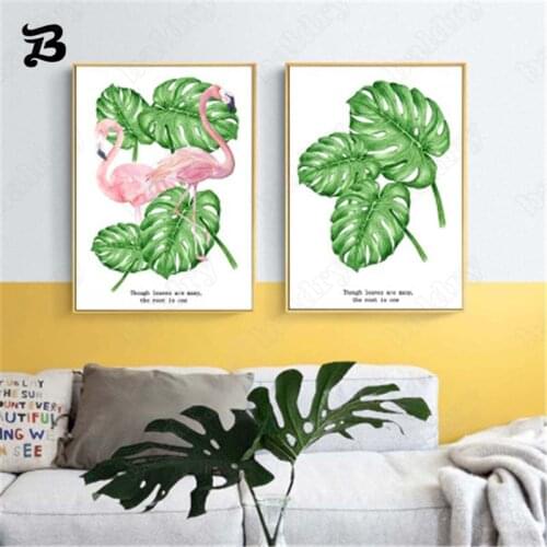 Canvas Painting Wall Art Nordic Green Plants and Pink Flamingo Living Room Decoration Modern and Simple for Home Wall Decor