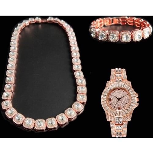 12.5MM 3pcs Kit Prong Micro Pave Cubic Zircon Alloy Hip Hop Tennis Chain Necklace +Watch+Bracelet For Men Women Jewelry