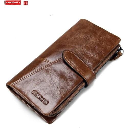 Fashion Stitching Long Leather Mens Wallet European and American Tri-fold Card Holder Wallets Clutch Bags Large Capacity Purses