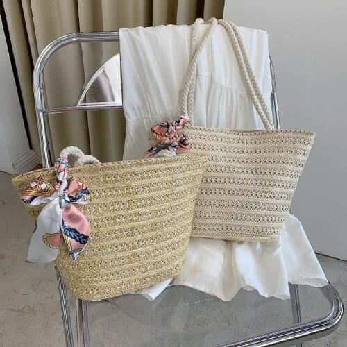 Fashion Women Straw Woven Ribbon Silk Scarf Shoulder Messenger Bag Casual Ladies Summer Beach Large Capacity Crossbody Handbags