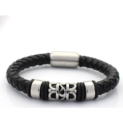 Men Bangles 8MM Genuine Braided Leather Bracelet Never Fade 316 Stainless steel Hollow Charms Bead Bracelets with Magnet Clasp