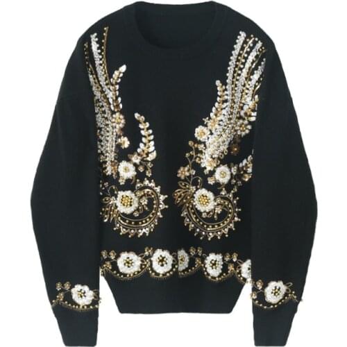 Luxury Sequined Loose Knitted Sweater 3D Flower Embroidery Beading Bottoming Stretchy Pullovers Winter Thick Black Tops