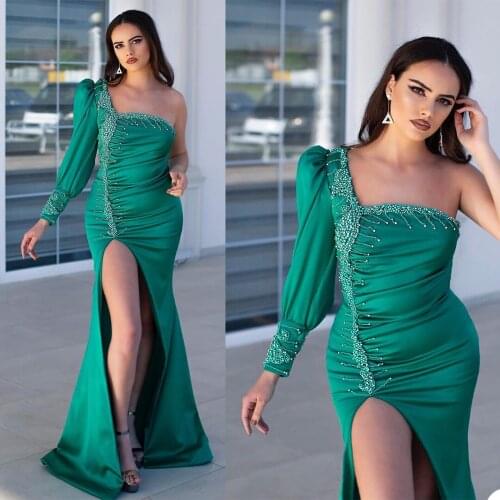 Sexy Illusion Evening Dresses Neck Satin Appliques Prom Dress Robe Formal Party Luxury Beaded Gowns