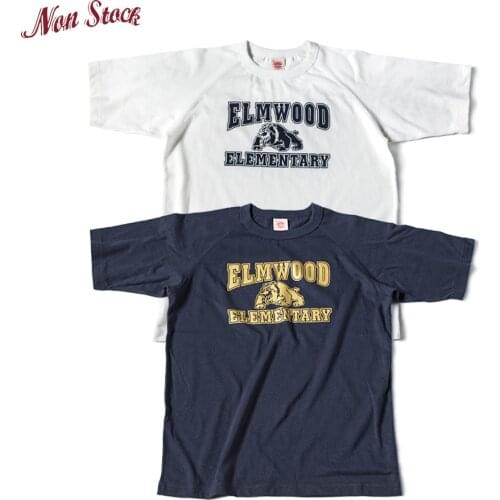 Non Stock Vintage Mens Elmwood Elementary Print Raglan Short Sleeve T-Shirt Summer 255 GSM Heavyweight Cotton Casual Tee